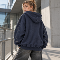 Sweat à capuche zippé personnalisé pour femme, en molleton délavé, imprimé sérigraphié, à épaules tombantes, coupe oversize, manches longues, décontracté