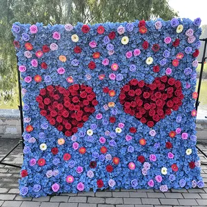 Custom 3D 5D Fabric Cloth Roll Up Artificial Silk Rose Peony Flowers Wall Backdrop Panel Wedding Decor Artificial Flower Wall