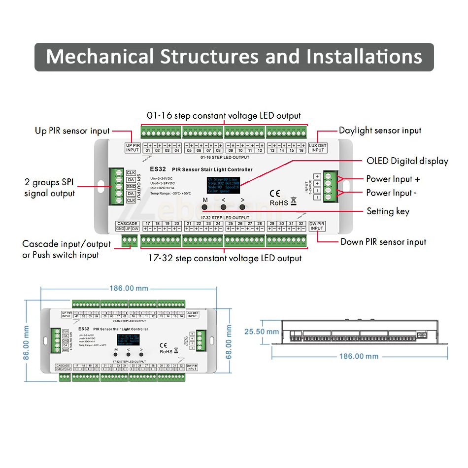 Controlador De Luz Para Escaleras ES32 – 2 Canales, RGB SPI – Sensor PIR – Para 8 A 32 Escalones – Ajuste De Brillo Y Modos