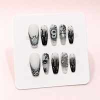 Lot de 10 faux ongles Halloween, argentés, effet fumé, gothiques, araignée 3D, faits main, à presser, forme cercueil moyenne, vente en gros