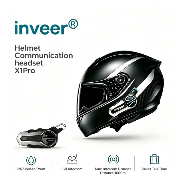 Inveer X1Pro Motorcycle Communication for Helmet,1000M Duplex Intercom IP67 Waterproof Wireless Headset OEM ODM Helmet Accessory