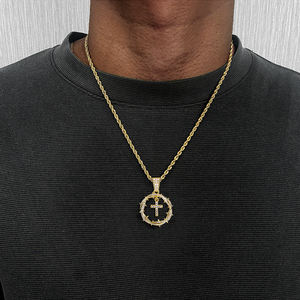 Colgante <span class=keywords><strong>de</strong></span> Joyería para Hombre, Cruz Cristiana <span class=keywords><strong>de</strong></span> Jesucristo con Corona <span class=keywords><strong>de</strong></span> Espinas, Chapado en Oro Hip-Hop, Incrustaciones <span class=keywords><strong>de</strong></span> Circonio en Latón y Cobre - Product Image 3