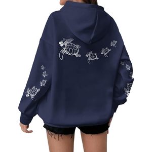FOXA Sweat-shirt à capuche surdimensionné en polaire pour femme, motif tortue de mer, épaules tombantes, pull décontracté thème océan - Product Image 1