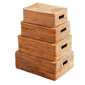 Natural Rattan Woven Storage Box Large Capacity <b>Rectangular</b> Organizer with Cover for Home Bedroom Wardrobe and Closet Decoration - Product Image 1
