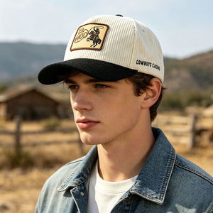 Casquette en velours côtelé personnalisée, faible MOQ, OEM ODM, avec patch en cuir brodé, style western cowboy, bicolore crème et noir, 5 panneaux - Product Image 3