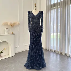 Scz108 Navy Blue Mermaid Evening Dress For Women Wedding Elegant Emerald Green Long Sleeves Arabic Formal Party Gowns