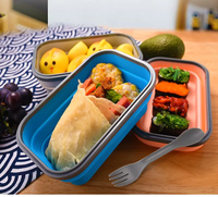 Récipient rétractable pliable en silicone de qualité alimentaire à compartiment Boîte à lunch pliante en silicone Bento avec fourchette