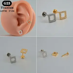 ASTM F136 Titanium Zircon Labret Square Silver Gold Plated Earring Trendy Ear Studs Piercing Jewelry 16G Wholesale