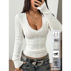 Pull en tricot côtelé à col en V profond et manches longues pour femme, en laine/acrylique, couleur Meeresblau, idéal pour l'hiver - Product Image 6