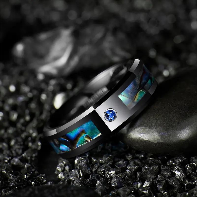 POYA, черное вольфрамовое кольцо с инкрустацией в виде морской оболочки, 8 мм, обручальное кольцо с синим сапфиром для мужчин