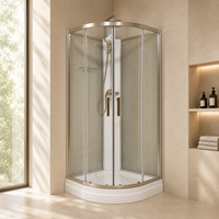 Cabine de douche quadrant sur mesure avec cadre chromé, porte coulissante en verre teinté et panneau de douche en or brossé pour projet hôtelier