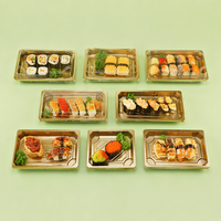 Plateau rectangulaire jetable en plastique pour sushis, boîte à pâtisserie et sandwichs dorée et noire, emballage alimentaire à emporter avec couvercle transparent