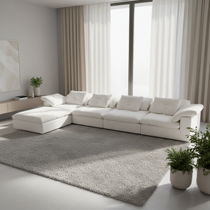 Minimalist Chesterfield Design Upholstered L-shape Sofa Set White Fabric for Apartment Hotel Villa Living Rooms