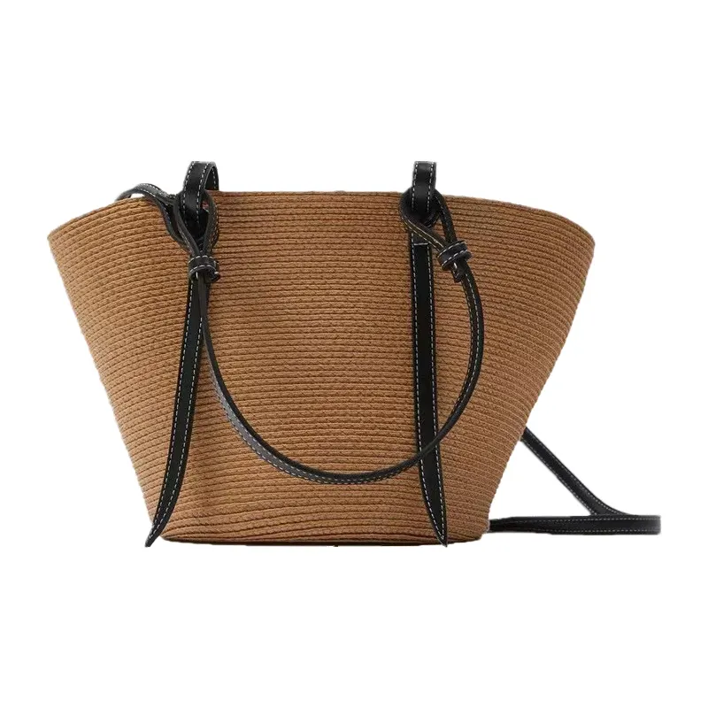 New Collection Eco Handmade Rattan Woven Straw Tote Bag with Shoulder Leather Strap Black Beige Straw Bags