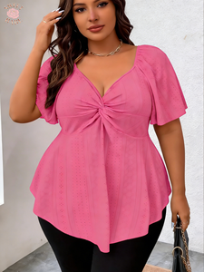 Blusa de talla grande para mujer con diseño retorcido frontal, mangas con volantes, cuello en V calado y peplum tipo túnica - Product Image 1