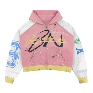 2025 couleur bloc strass taille personnalisée conception à capuche hommes Streetwear lavé respirant écologique qualité supérieure sweats à capuche - Product Image 3