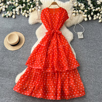 Robe décontractée trapèze rouge à pois pour femme, à manches courtes, longue et étagée, avec ceinture, pour le quotidien