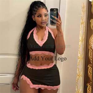 Кружевной лоскутный эластичный Топ контрастных цветов с V-образным вырезом и облегающая юбка с высокой талией - Product Image 3