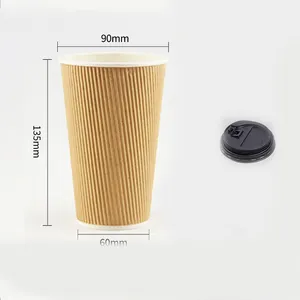 16oz 500ml גלי חד פעמי קראפט נייר קפה כוס עם שחור כיסוי