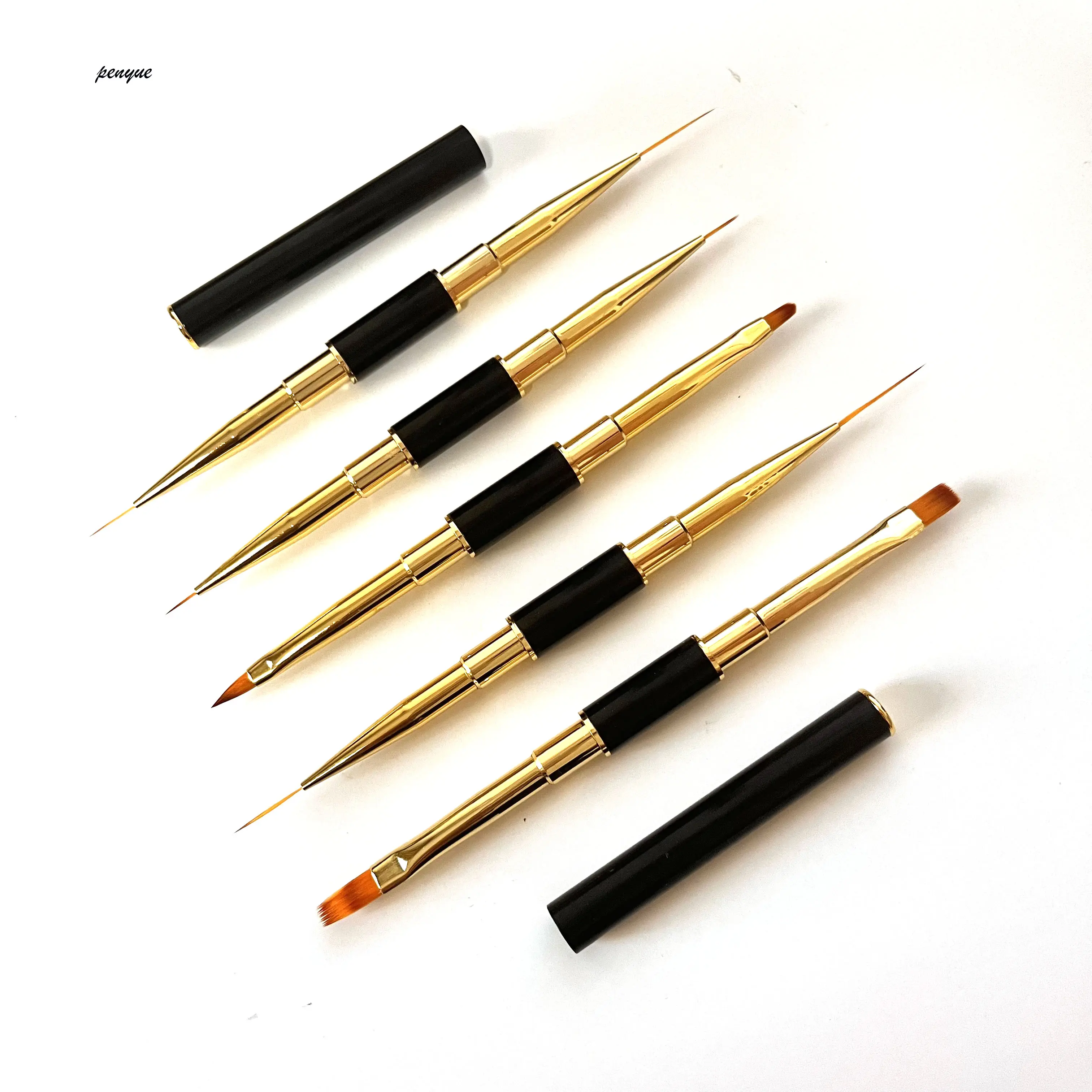 CustomGel Art Design Double End Rose Gold Metal Handle Nail Art Paint Brush Liner 3d Nails Brush with cover Ombre Flat