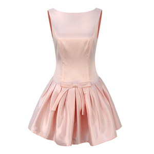 Abito Mini Estivo <span class=keywords><strong>Elegante</strong></span> da Sera Rosa per Donna - Dettaglio Fiocco in Raso, Schiena a V, Gonna Plissettata Svasata - Product Image 1