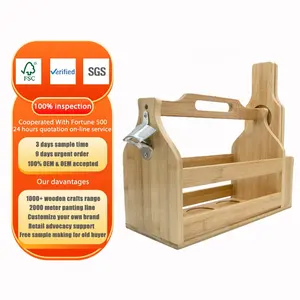 Wholesale Bamboo wood Drink Holder Wooden Beer Caddy with Opener & Sampler Boards for Beer Soda, Perfect for Bar Pub Restaurant