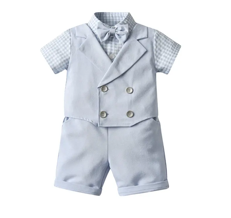 Yaz çocuk çocuklar tam elbise bebek erkek takım elbise beyefendi kısa kollu katı ekose yelek iki parçalı pantolon takım elbise
