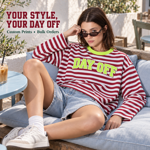 <span class=keywords><strong>Camiseta</strong></span> Dymf Personalizada de Manga Larga a Rayas de Mezclilla para <span class=keywords><strong>Mujer</strong></span>, Estilo Urbano, Cuello en Contraste, Logotipo Estampado, Uso Diario, Corte Holgado, Ecológica - Product Image 3
