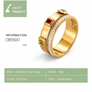 Gold Tone Double Band <b>Ring</b> with Multicolor Square Accents and Clear Stone Row Layered <b>Statement</b> Jewelry - Product Image 2