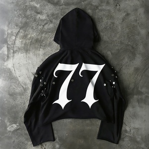 High Quality Custom Screen Print Gothic Metal Studded Embellishment Raw Edge <b>Drop</b> Shoulder Men Streetwear Cropped <b>Box</b> Hoodies - Product Image 2