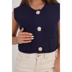 Chaleco de Punto Azul Marino para Mujer, Prenda Exterior Transpirable 100% Poliéster, Top Corto sin Mangas con Bolsillos - Product Image 2