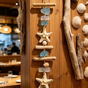 Ornement mural en <span class=keywords><strong>bois</strong></span> flotté, étoile de mer, verre marin et coquillages, style nautique côtier, pendentif pour fenêtre et porte, décoration pour la maison et la salle de bain - Product Image 4