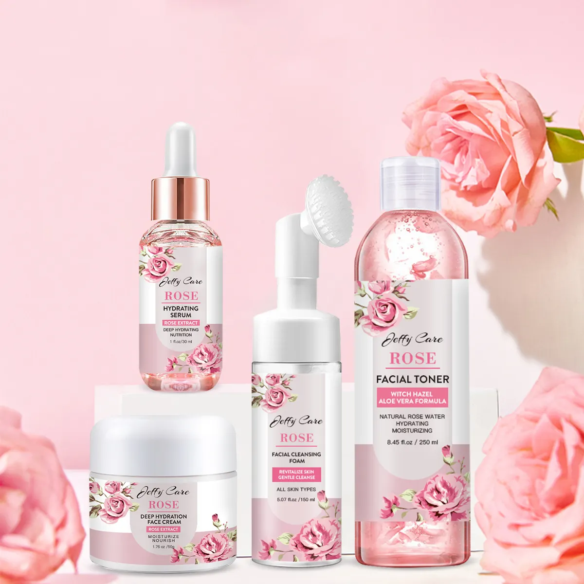 Personalizado Rosa Natural Cuidados Com A Pele Set Facial Lightening Creme Rosto Soro Anti Envelhecimento Face Wash Skincare Pessoal Set Private Label