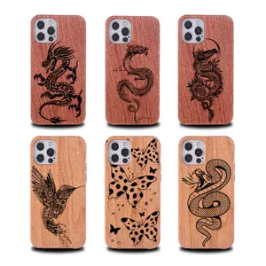 Customize Design Natural Real Wooden Hand Carved Wood Cell Phone Case Cover for iphone 12 blank wood phone case