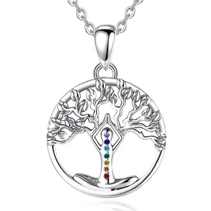925 Sterling Silber Stammbaum des Lebens Bunte Edelstein Yoga Chakra Anhänger Halskette für Frauen