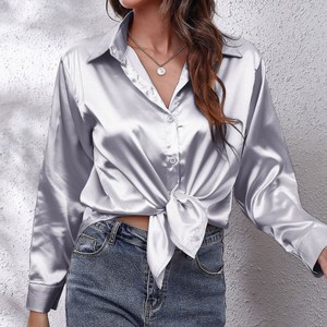 Blus kancing Satin berkilau untuk wanita, atasan sutra lengan panjang kasual kantor bahan Satin berkilau - Product Image 2