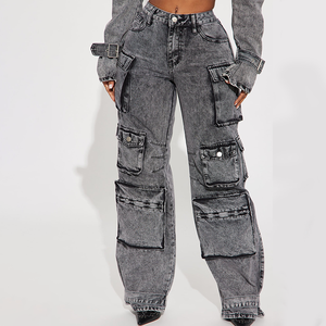 Ensemble deux pièces streetwear pour <span class=keywords><strong>femme</strong></span> : veste en jean délavé et pantalon <span class=keywords><strong>cargo</strong></span>, survêtement délavé à l'acide - Product Image 5