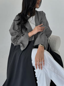 <b>Black</b> & Grey Color Block Open Front Abaya Loose Flounce Sleeve Modest <b>Robe</b> Casual Islamic ODM 100% Polyester for Daily Ramadan - Product Image 4