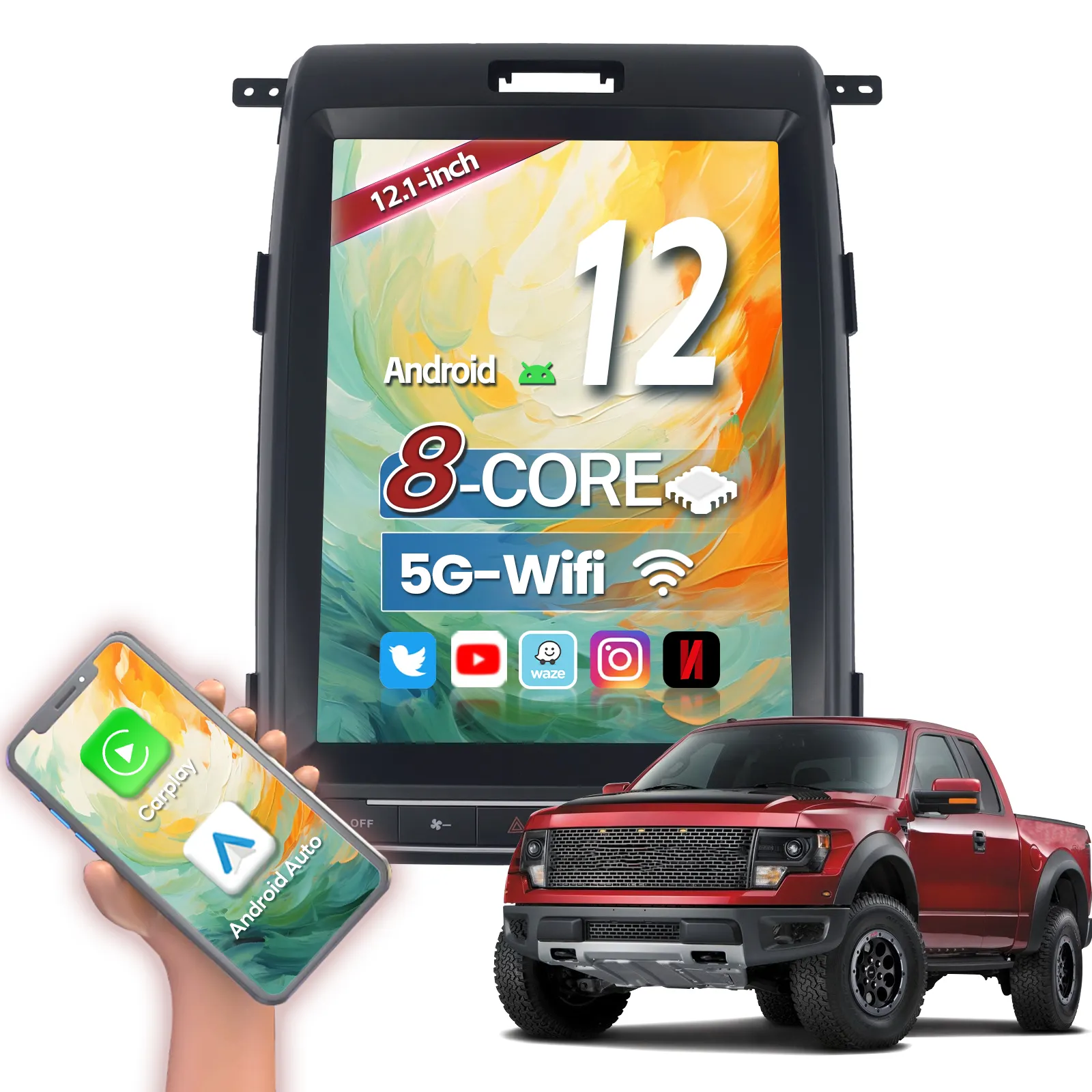 Ford F150 Radio mobil 12.1 inci, 13-14 Stereo 8 Core Android 12 navigasi GPS mobil untuk Ford F150 13-14 5G Wifi Radio
