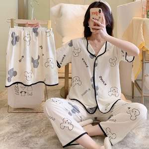 महिलाओं के सुरुचिपूर्ण कोरियन शैली की ग्रीष्मकालीन शॉर्ट्स दूध रेशम तीन टुकड़े थर्मल होम कपड़े लोचदार कमर - Product Image 4