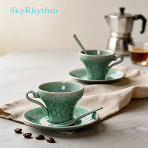 Juego de Tazas de Café de Celadón Longquan de Lujo, Taza y Platillo de Cerámica Azul Cielo Hechos a Mano, 150 ml, Juego de Regalo Artístico de Porcelana - Product Image 3