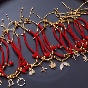 Lucky Charm Red String Armband Vergoldetes Messing Kristall Strass Hirsch Herz Weihnachts geschenk Chunky Summer verstellbares Armband