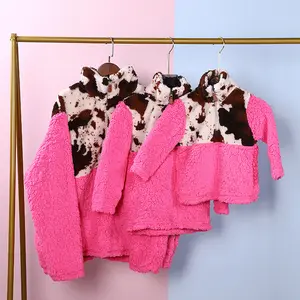 Suéteres de retales de piel de vaca de forro polar rosa de San Valentín para mamá y yo, jerséis Sherpa con cremallera 1/4