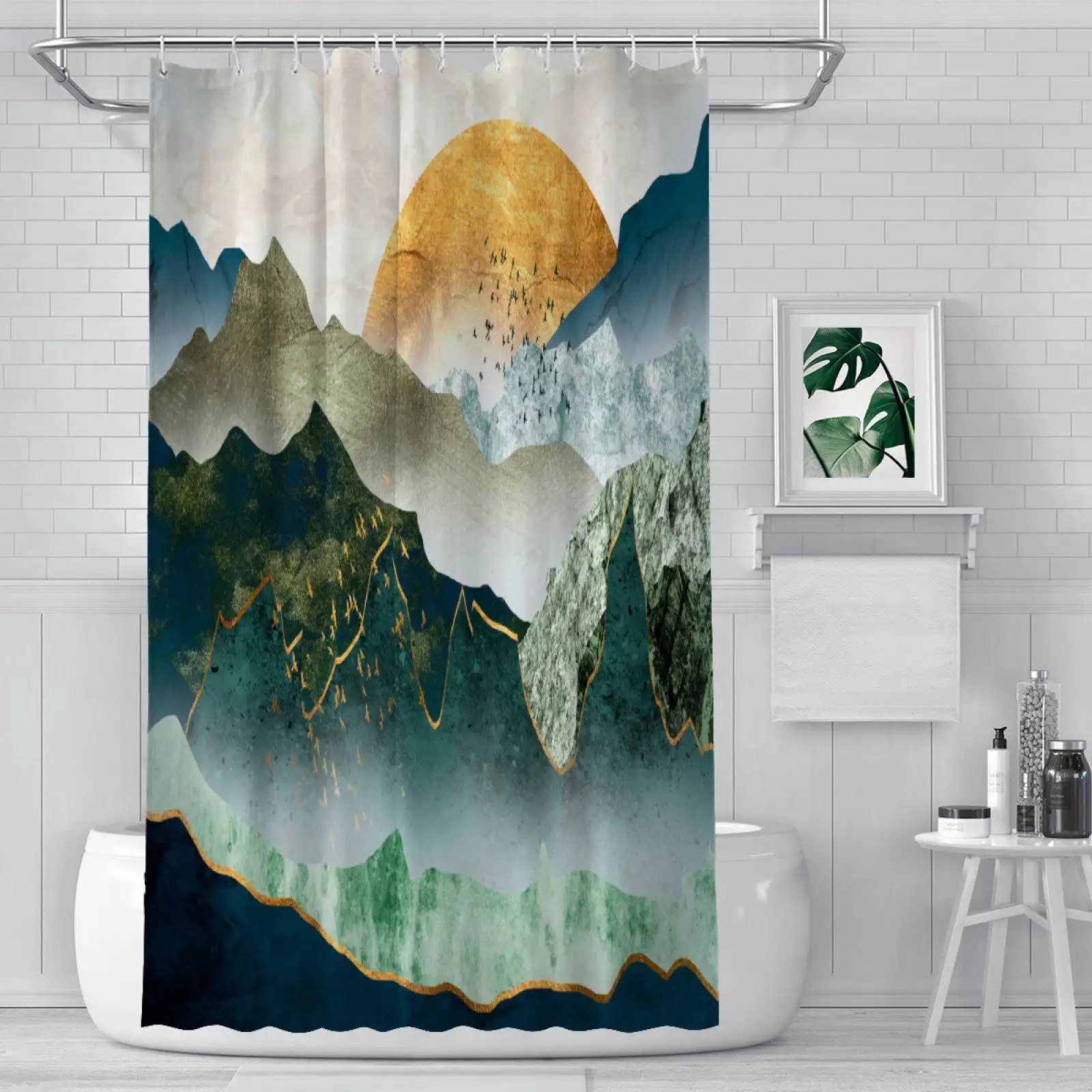 Green Golden Mountain Shower Curtain Abstract Mountain