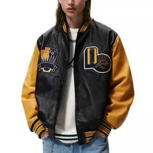 China supplier Custom logo embroidery high quality color block leather bomber jacket men