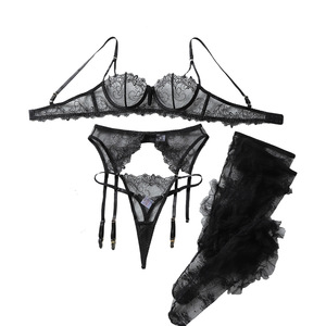 Ensemble de <span class=keywords><strong>lingerie</strong></span> <span class=keywords><strong>sexy</strong></span> pour femmes, soutien-gorge push-up à broderies, coupe basse, avec jarretelles, 3 pièces, couleur noire, tailles S, M, L - Product Image 5