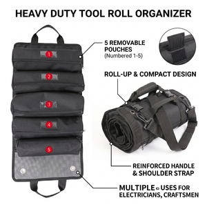Heavy Duty 5 Detachable Pouches <b>Tool</b> <b>Roll</b> Up Bag Multipurpose Organizer For Electrician Contractors Professionals Storage Pouch - Product Image 2