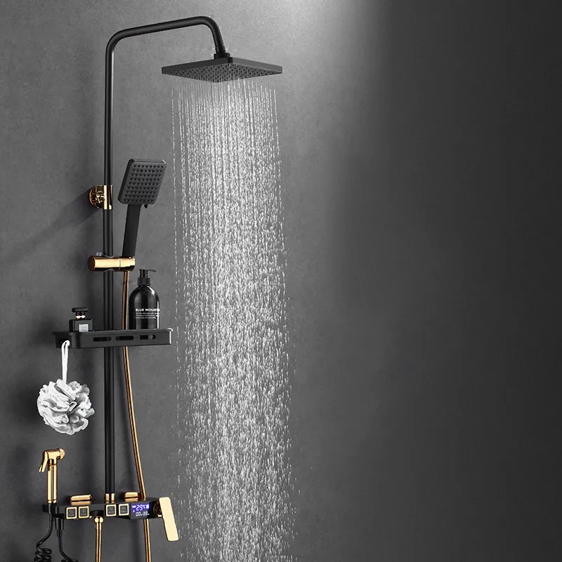 ブラックゴールドインテリジェントサーモスタットシャワーヘッドすべての銅はプッシュボタンタイプの家庭用シャワーを上げ下げできます