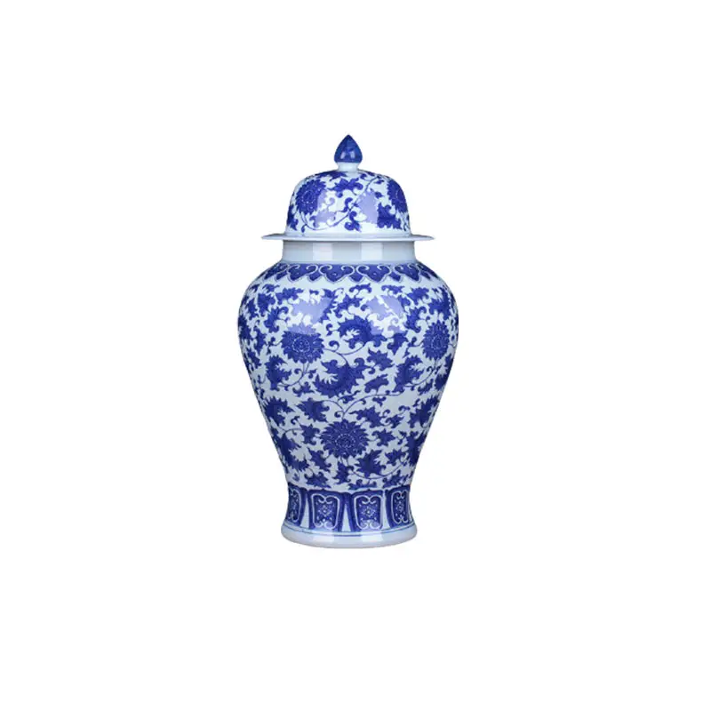 Adornos de porcelana Jingdezhen prácticos para el hogar, maceta General antigua de color azul y blanco
