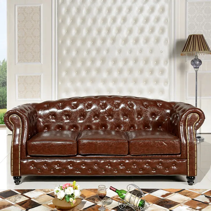 American Tufted Button Tan Retro Leather Classic Chesterfield Style Sofa Vintage Leather 3 Seats Sofa For Living Room